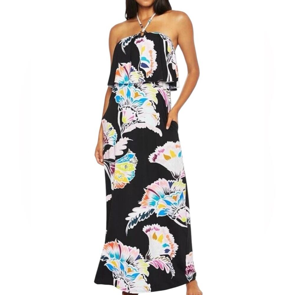 Trina Turk Seychelles Halter Maxi Dress size small Black Floral small medium